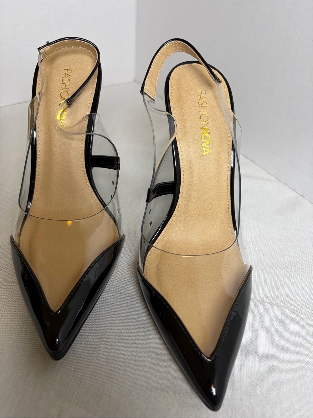 Fashion Nova Dare You Clear PVC Slingback Pumps Black Pointed Toe Heels Size 6 - Picture 2 of 10
